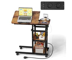 nwixbqoqn 80x40 cm Table Roulante pour Lit Canapé avec Station de Charge, Table d'Appoint avec roulettes pour Ordinateur Portable Réglable en Hauteur 65-90cm pour Chambre à Coucher, Bureau, Bois