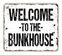 NWPNLXEA Rustic Hunting Lodge Sign Welcome To The Bunkhouse Vintage Metal Tin Plaque for Cabin Man Cave Wall-Art 8 X 12 in