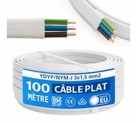 NYM Câble 3 x 1,5 mm² YDYp - Câble d'alimentation 3 broches - Câble plat 100 m - 10 x 5 mm - Passage de fenêtre - Câble pour pièces humides - Conducteur en cuivre massif - 300/500 V