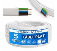 NYM Câble 3 x 1,5 mm² YDYp - Câble d'alimentation 3 broches - Câble plat 5 m - 10 x 5 mm - Passage de fenêtre - Câble pour pièces humides - Conducteur en cuivre massif - 300/500 V