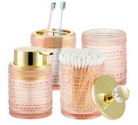 Nymblis Ensemble d'accessoires de salle de bain, lot de 4 pièces d'accessoires de salle de bain en verre comprenant distributeur de savon, porte-brosse à dents, gobelet et pots pour cotons-tiges