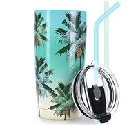 NymphFable 590ML Mug Isotherme de Voyage Palmier, Tasse à Café Double Paroi Grande Capacité avec Paille et Couvercle