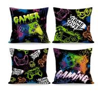 NymphFable Lot de 4 Housses de Coussin Gamer Manette 45 x 45 cm, Design Graffiti Velours Housses Décoratives pour Chambre Gamer Chambre d'Ado