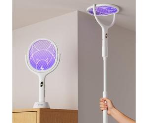 Nymrix Tapette à mouches électrique avec tête rotative et poignée télescopique, 2 en 1, tueur de moustiques rechargeable 4100 V avec batterie de 2600 mAh pour intérieur et extérieur (blanc, 1 pièce)