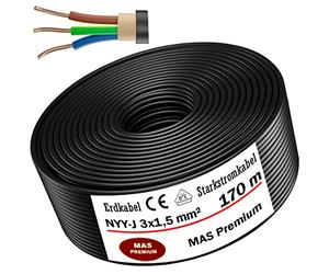NYY-J - Câble souterrain courant fort - Électrique - De type 3 x 1,5 mm² - Longueur : 5 à 170 m - Avec anneau pour pose en extérieur, en sous-sol (170 m)