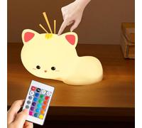 Nzkeuf Veilleuse Enfant Rechargeable, Chat Veilleuse Bébé en Silicone avec Télécommande, 16 Couleurs, Rechargeable par Usb, 3 Luminosité, Fonction Interrupteur Tactile, Bebe Enfant Deco Chambre