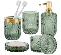 NZZVNZ Lot de 5 Accessoires de Salle de Bain en Verre Vert Ensemble d'accessoires avec Distributeur de Lotion, Porte-Brosse à Dents, Porte-Savon Décoration Moderne Gobelet Cristal Vintage