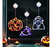 O-Kinee Halloween Décoration Fenêtre,LED 3 pièces éclairage de Fenêtre Lumières avec Ventouse,Citrouille,Sorcière,Fantôme,pour Décoration de Fenêtre