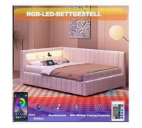 O.Ye Canapé-lit rembourré 140x200 cm avec USB et éclairage LED, Lit adulte avec tête de lit, Lit 2 personnes avec dossier, Beige