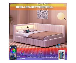 O.Ye Canapé-lit rembourré 140x200 cm avec USB et éclairage LED, Lit adulte avec tête de lit, Lit 2 personnes avec dossier, Beige