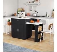O.Ye Îlot de cuisine minimaliste noir,table à manger escamotable,prises,placard de rangement,2 tiroirs,2 étagères ouve ILOT CENTRAL