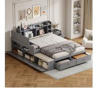 O.Ye Lit Double 140x200cm Bois Massif Gris - Tête De Lit Rangement + Tiroirs/banquette/placard - Multifonction Tatami - LIT COMBINE