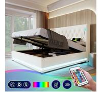 O.Ye Lit double rembourré blanc 140*200 cm, matériau PU, avec fonction de charge USB Type-C, matelas non inclus . blanc LIT COMPLET