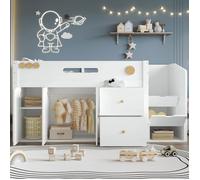 O.Ye Lit en bois massif, 90x200cm, lit enfant, lit mi-hauteur, échelle de rangement avec porte magnétique, grands multi LIT COMBINE