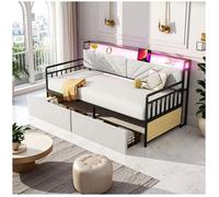 O.Ye Lit en fer forgé 90 x 200 cm - Zubaliya - avec éclairage LED - avec 2 tiroirs - prise multifonction - lit simple m LIT COMPLET