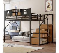 O.YE Lit mezzanine 140x200 cm avec armoire ouverte, lit enfants et adolescents escalier avec rangement et et fenêtre, en métal, No