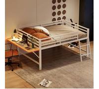 O.Ye Lit mezzanine 140x200 cm surélevé métallique Rampe Échelle Bureau Bandeau lumineux LED télécommandé -Blanc multi LIT MEZZANINE
