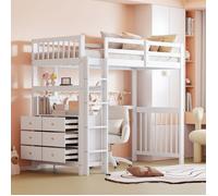 O.Ye Lit Mezzanine 90×200cm - Lit Enfant Avec échelle De Sécurité, Tiroirs Et étagères, Clôture Haute, Sommier à blan LIT MEZZANINE
