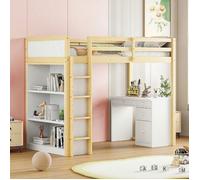 O.Ye Lit mezzanine 90x200 cm avec meuble de rangement et bureau d'ordinateur - lit enfant bois de pin - couleur bois LIT MEZZANINE