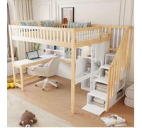 O.Ye Lit mezzanine enfant 140x200 cm avec rangement, éclairage LED et bureau, pin et MDF, blanc + naturel blanc LIT MEZZANINE