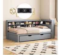 O.YE Lit simple 90 x 200 cm, lit enfant en bois avec lit gigogne 90 x 190 cm, prise USB et rangements, gris