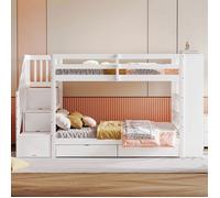 O.Ye Lit Superposé 90x200 Pin Blanc, Échelle Avec Rangements, Tiroirs Et Casiers, Haute Clôture De Sécurité - Sans Matelas