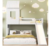 O.YE Lit Superposé Enfant Cabane, Lit 90x200cm+140x200 cm - 2/3 Palces - Toboggan & Échelle - 2 Sommiers Inclus - Bois - Blanc