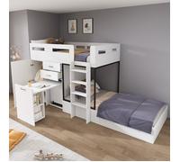 O.Ye Lit superposé Lit enfant 90 x 200 cm Lit double avec bureau coulissant Armoire 2 tiroirs et échelle - Blanc bl LITS SUPERPOSES