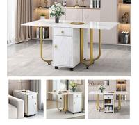 O.Ye Table à manger pliante moderne blanche avec placards et 2 tiroirs avec 4 pieds de support avec poulies . TABLE A MANGER SEULE