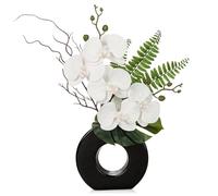 Oairse Arrangement de fleurs d'orchidées artificielles de 41 cm - Orchidée blanche en soie avec vase en céramique noir - Arrangement de fleurs phalaenopsis artificielles pour décoration de table à la