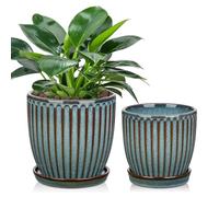 Oairse Ensemble de 2 pots de fleurs en céramique 13 cm 15 cm - Pots de plantes décoratifs à rayures avec trous de drainage et soucoupes - Pots de fleurs modernes pour plantes d’intérieur, cactus