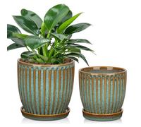 Oairse Ensemble de 2 pots de plantes en céramique 13CM 15CM - Pots de fleurs verts décoratifs avec trous de drainage et soucoupes - Pots de plantes modernes d’intérieur pour plantes succulentes