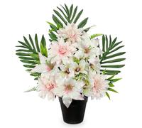 Oairse Fleurs artificielles de cimetière en pot pour arrangements de fleurs funéraires 48 cm en soie rose et blanc en pot pour tombe, cimetière, pierres tombales, décoration extérieure