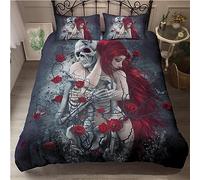 OaKita Gothique Squelette Housse de Couette Parure de lit 3D Imprimé Gothique Tête de Mort Motif Rose Housse De Couette Microfibre avec 2 taies d'oreillers (A02,220 x 240 cm)