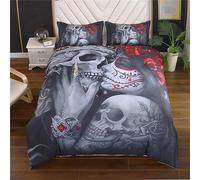 OaKita Gothique Squelette Housse de Couette Parure de lit 3D Imprimé Gothique Tête de Mort Motif Rose Housse De Couette Microfibre avec 2 taies d'oreillers (A03,220 x 260 cm)