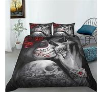 OaKita Gothique Squelette Housse de Couette Parure de lit 3D Imprimé Gothique Tête de Mort Motif Rose Housse De Couette Microfibre avec 2 taies d'oreillers (A08,140 x 200 cm)