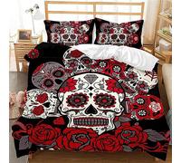 OaKita Gothique Squelette Housse de Couette Parure de lit 3D Imprimé Gothique Tête de Mort Motif Rose Housse De Couette Microfibre avec 2 taies d'oreillers (A06,180 x 210 cm)