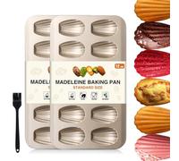 OAMCEG Lot de 2 moules à madeleines - 12 cavités - En acier au carbone antiadhésif - Avec pinceau à huile en silicone - Pour four, pâtisserie, chocolat, brownie - Doré