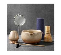 oasymala Kit Matcha Beige Complet 7 Pièces avec Fouet Bambou Traditionnel | Accessoires Matcha Latte Japonais Ceremonie, Support Céramique, Passoire, Cuillère, Torchon, Bol Bec Verseur