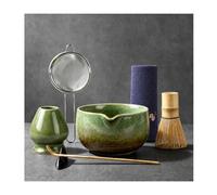 oasymala Kit Matcha Vert Complet 7 Pièces avec Fouet Bambou Traditionnel | Accessoires Matcha Latte Japonais Ceremonie, Support Céramique, Passoire, Cuillère, Torchon, Bol Bec Verseur