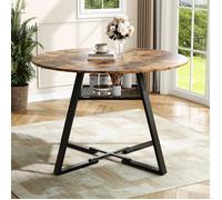 OBBOMI Table Ronde Industrielle 120 cm Salle à Manger 4-6 Pers Plateau Bois Pieds Métal Noir Étagère Rangement Cuisine