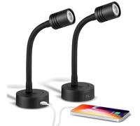 Obeaming 2 x Lampe de Lecture 12V LED Spot Flexible Col de Cygne Noir Réglable Applique Murale DC 12V-24V 3200K pour Camping-Car Bateau Caravane Voiture Camion, Chargeur Type-C intégré & Variateur