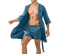 OBiQuzz Peignoir pour homme en satin sexy - Léger - Kimono - Long - Peignoir en satin - Avec pantalon - Vêtement de nuit court - Vêtement de nuit - Robe de chambre à manches courtes
