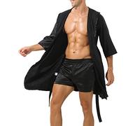 OBiQuzz Peignoir pour homme en satin sexy - Léger - Kimono - Long - Peignoir en satin - Avec pantalon - Vêtement de nuit court - Vêtement de nuit - Robe de chambre à manches courtes, Noir , XL