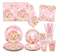 Obussgar Bunny Décoration de fête - Vaisselle pour fête d'anniversaire de lapin comprenant assiettes, gobelets, serviettes, nappe, pailles - pour 20 personnes