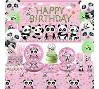 Obussgar Décorations de fête d'anniversaire au motif de panda, accessoires de fête, avec toile de fond, assiettes, tasses, nappes, ballons, pour fille, au 20 ans (C)