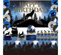 Obussgar Décorations de fête d'anniversaire loup - Accessoires de fête de loup, y compris fond Happy Birthday, spirales, décorations de gâteaux, décorations de table, ballons