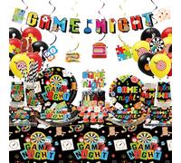 Obussgar Décorations de fête de jeu - Fournitures de fête de jeu comprenant bannière, assiette, décoration de gâteau, tasse, serviette, nappe - Pour 20 personnes (LQ)