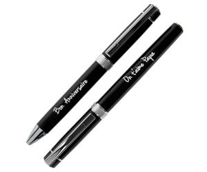 Ocadeau Coffret 2 stylos noir avec gravure texte - Parure de stylos personnalisés gravés avec coffret de rangement
