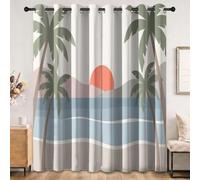 Occultant Rideaux Beige Ambiance Tropicale 70 x 240 cm (L x H) 2 Panneaux | Palmiers Coucher De Soleil Vagues Plage Rideaux Decor, Rideau Thermiques Oeillet Chambre Salon Draperies Intérieurs